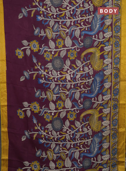 Kalamkari semi silk saree wine shade and mustard yellow with allover prints and mangalgiri border