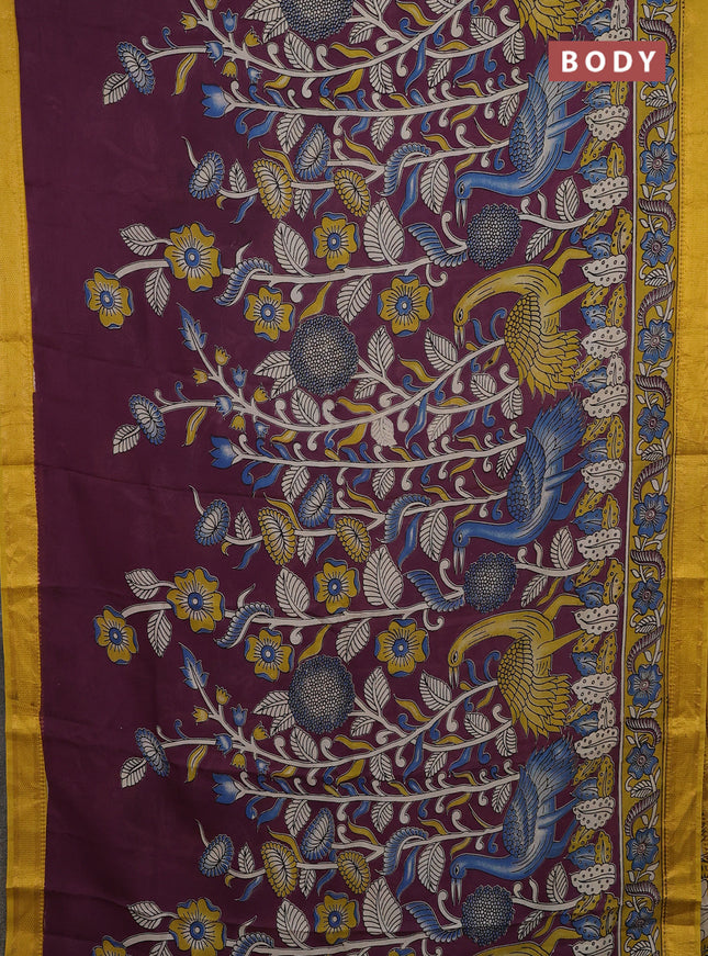 Kalamkari semi silk saree wine shade and mustard yellow with allover prints and mangalgiri border