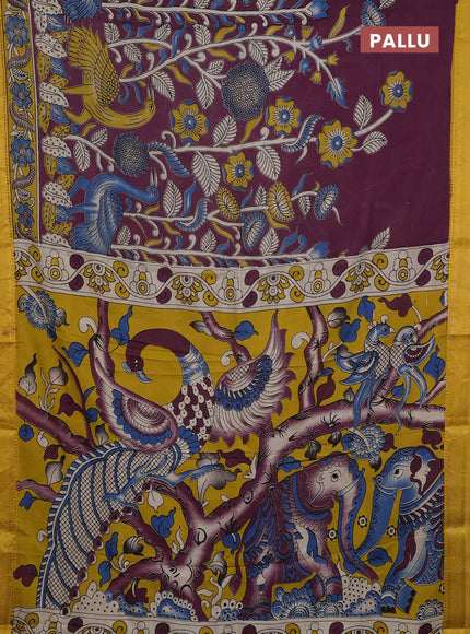 Kalamkari semi silk saree wine shade and mustard yellow with allover prints and mangalgiri border