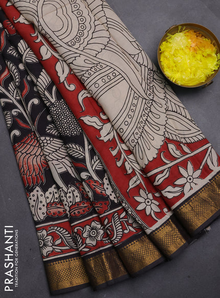 Kalamkari semi silk saree beige and black with allover prints and mangalgiri border