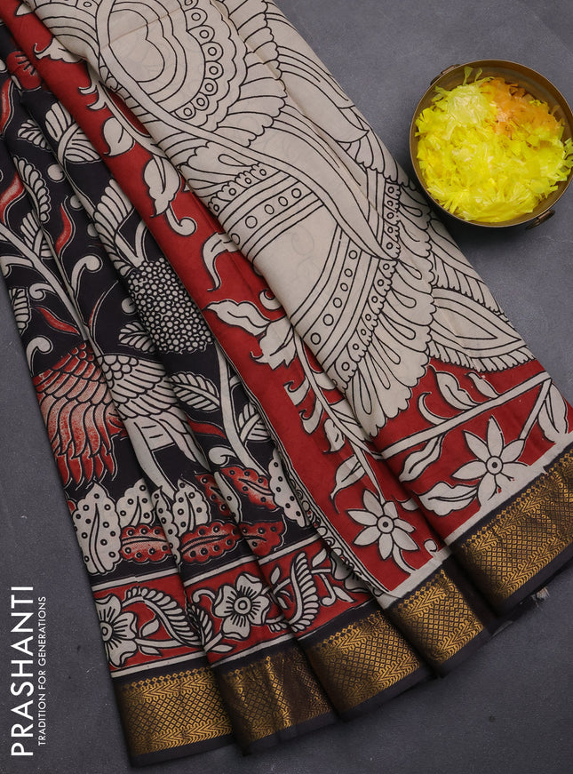 Kalamkari semi silk saree beige and black with allover prints and mangalgiri border