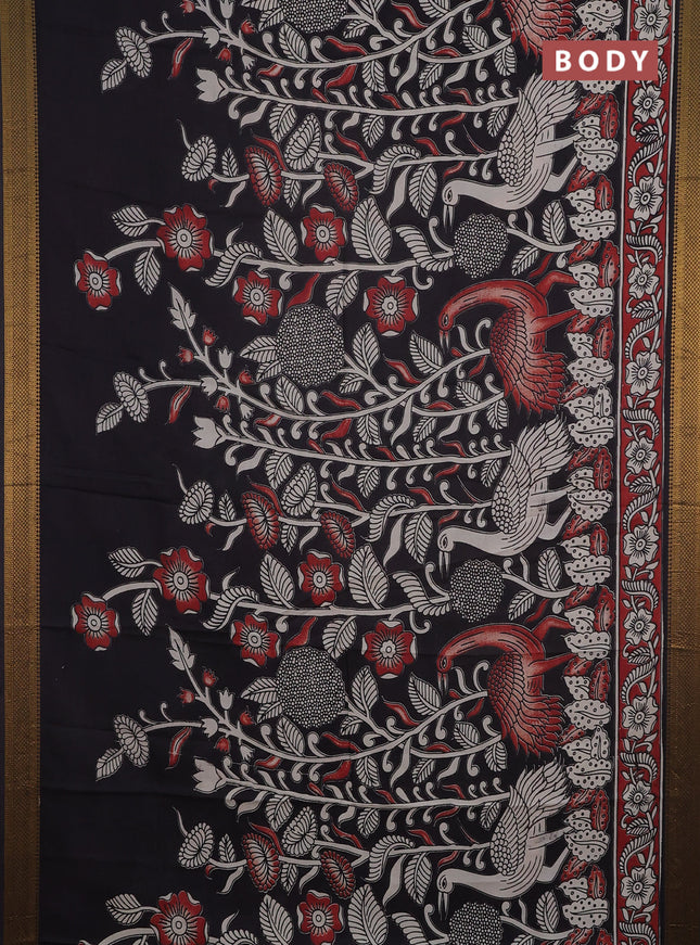 Kalamkari semi silk saree beige and black with allover prints and mangalgiri border