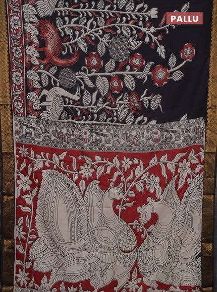 Kalamkari semi silk saree beige and black with allover prints and mangalgiri border