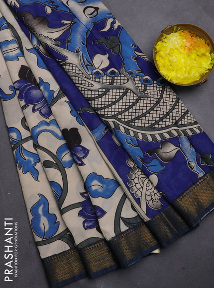 Kalamkari semi silk saree beige and peacock green with allover prints and mangalgiri border