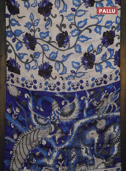 Kalamkari semi silk saree beige and peacock green with allover prints and mangalgiri border