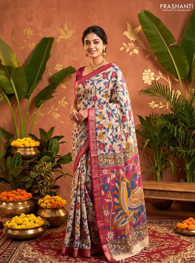 Kalamkari semi silk saree beige and maroon with allover prints and mangalgiri border