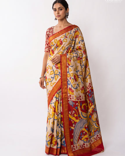Kalamkari semi silk saree beige and maroon with allover prints and mangalgiri border