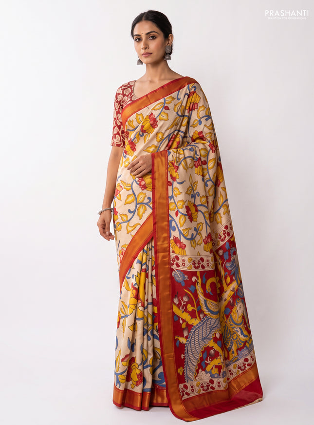 Kalamkari semi silk saree beige and maroon with allover prints and mangalgiri border