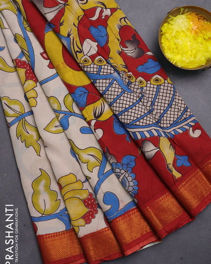 Kalamkari semi silk saree beige and maroon with allover prints and mangalgiri border