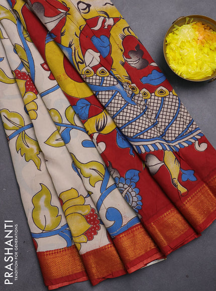 Kalamkari semi silk saree beige and maroon with allover prints and mangalgiri border