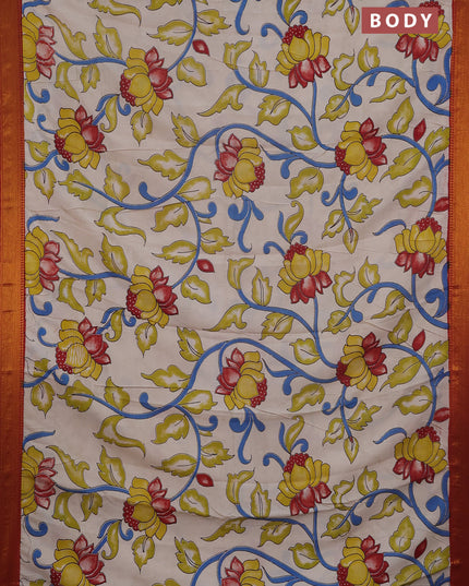 Kalamkari semi silk saree beige and maroon with allover prints and mangalgiri border
