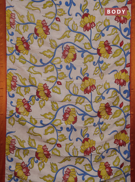 Kalamkari semi silk saree beige and maroon with allover prints and mangalgiri border
