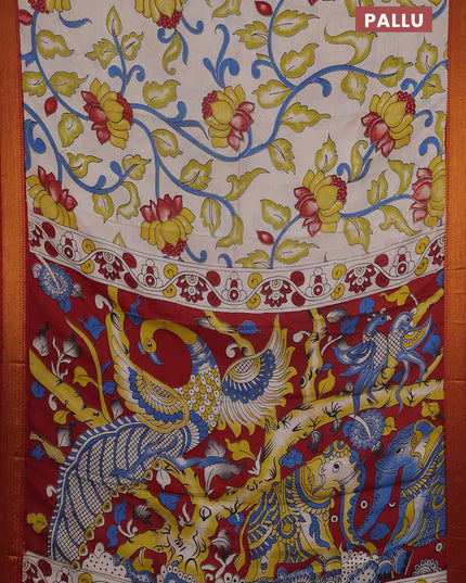 Kalamkari semi silk saree beige and maroon with allover prints and mangalgiri border