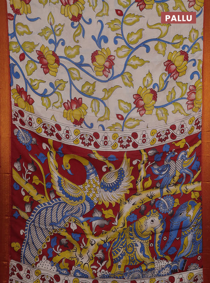Kalamkari semi silk saree beige and maroon with allover prints and mangalgiri border