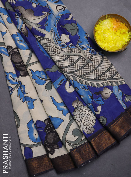 Kalamkari semi silk saree beige and black with allover prints and mangalgiri border