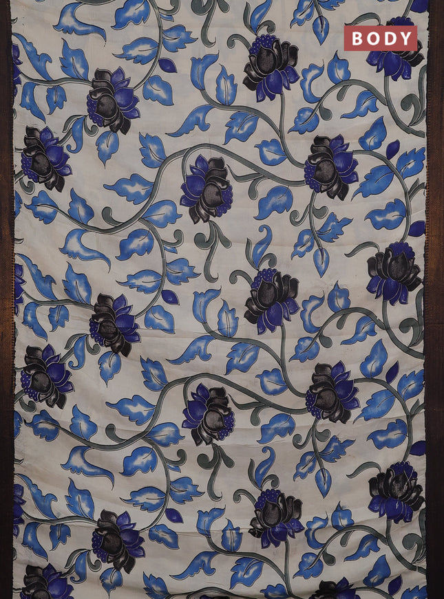 Kalamkari semi silk saree beige and black with allover prints and mangalgiri border