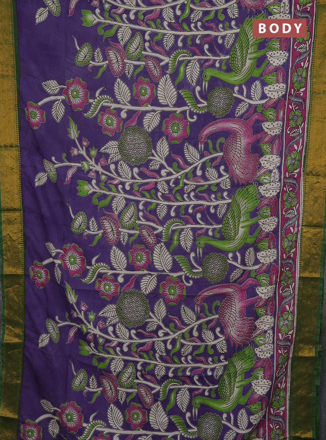 Kalamkari semi silk saree lavender and green with allover prints and mangalgiri border