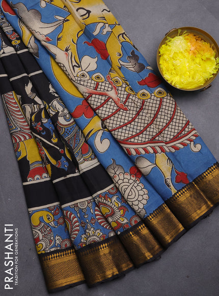 Kalamkari semi silk saree yellow and black with allover prints and mangalgiri border