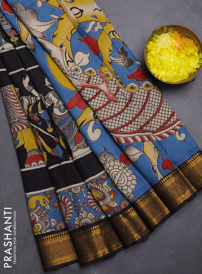 Kalamkari semi silk saree yellow and black with allover prints and mangalgiri border