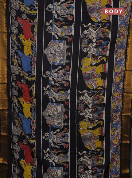 Kalamkari semi silk saree yellow and black with allover prints and mangalgiri border