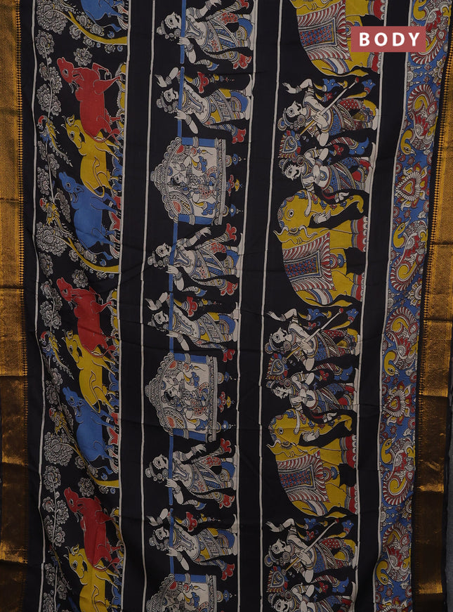 Kalamkari semi silk saree yellow and black with allover prints and mangalgiri border