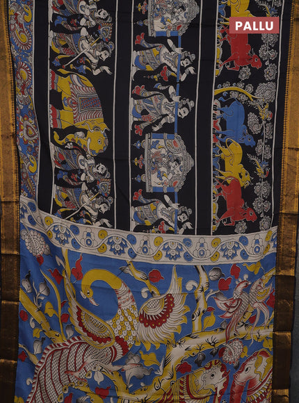 Kalamkari semi silk saree yellow and black with allover prints and mangalgiri border