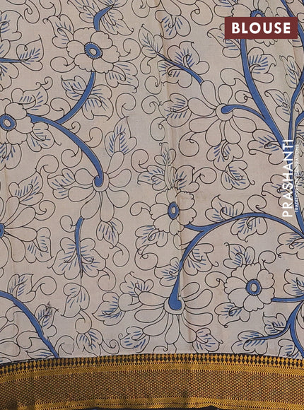 Kalamkari semi silk saree yellow and black with allover prints and mangalgiri border