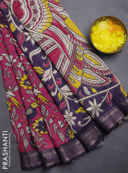 Kalamkari semi silk saree wine shade and jamun shade with allover prints and mangalgiri border