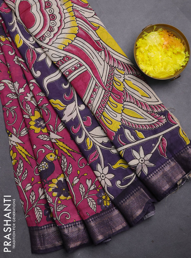 Kalamkari semi silk saree wine shade and jamun shade with allover prints and mangalgiri border