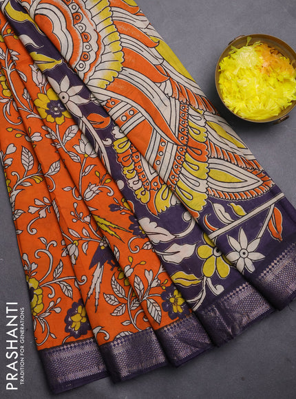 Kalamkari semi silk saree orange and jamun shade with allover prints and mangalgiri border