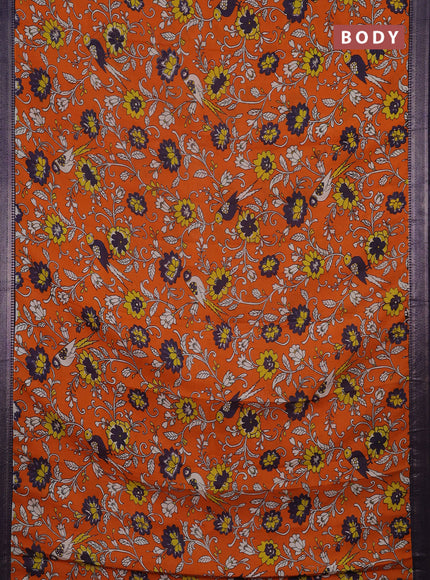 Kalamkari semi silk saree orange and jamun shade with allover prints and mangalgiri border