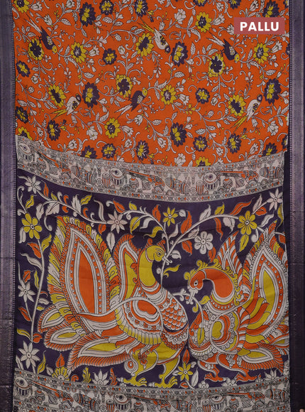 Kalamkari semi silk saree orange and jamun shade with allover prints and mangalgiri border