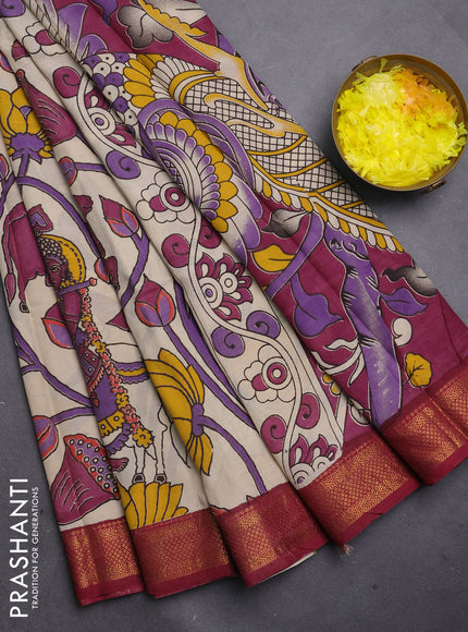 Kalamkari semi silk saree beige and deep maroon with pichwai prints and mangalgiri border