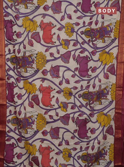 Kalamkari semi silk saree beige and deep maroon with pichwai prints and mangalgiri border
