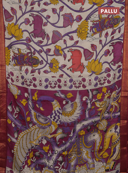 Kalamkari semi silk saree beige and deep maroon with pichwai prints and mangalgiri border