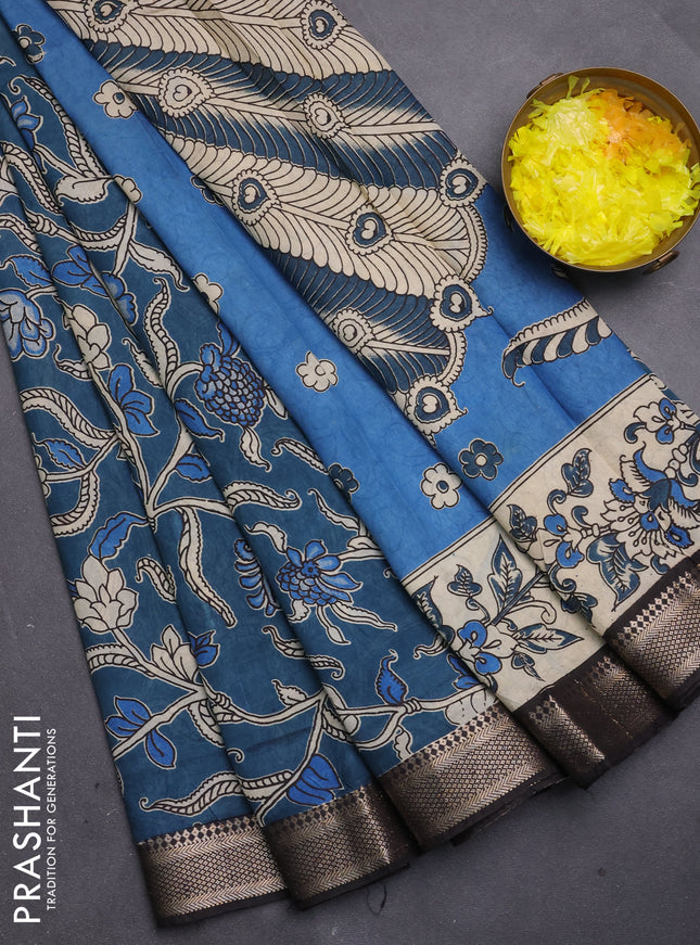 Kalamkari semi silk saree peacock green and black with allover prints and mangalgiri border