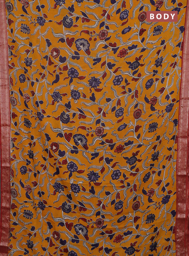 Kalamkari semi silk saree mango yellow and rust shade with allover prints and mangalgiri border