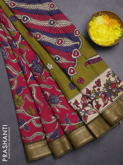 Kalamkari semi silk saree wine shade and mehendi green with allover prints and mangalgiri border