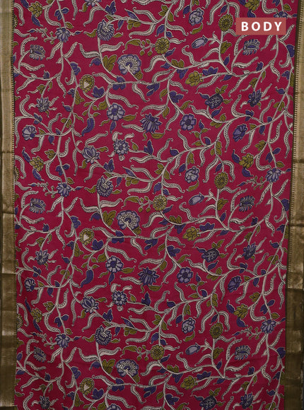 Kalamkari semi silk saree wine shade and mehendi green with allover prints and mangalgiri border