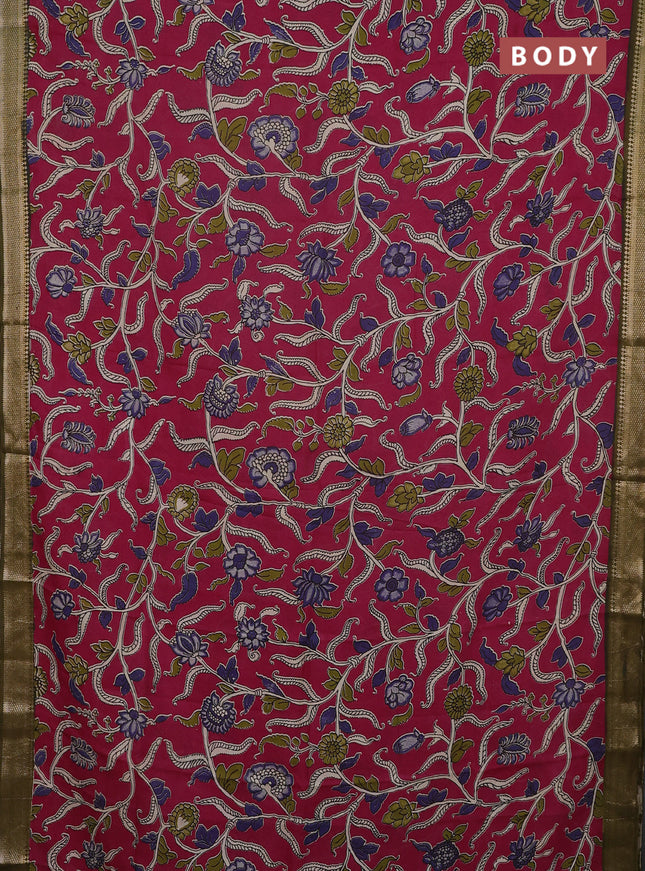 Kalamkari semi silk saree wine shade and mehendi green with allover prints and mangalgiri border