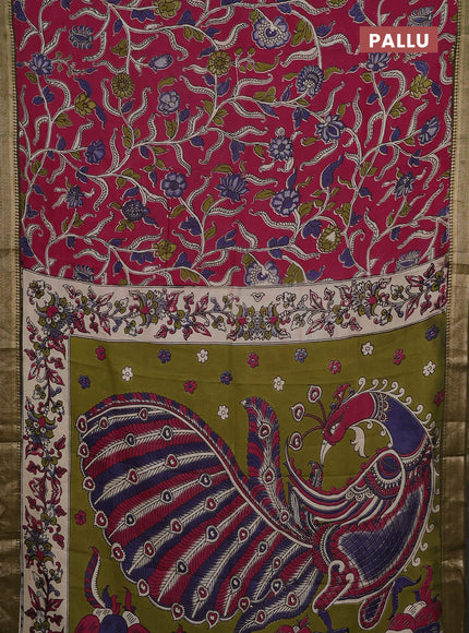 Kalamkari semi silk saree wine shade and mehendi green with allover prints and mangalgiri border