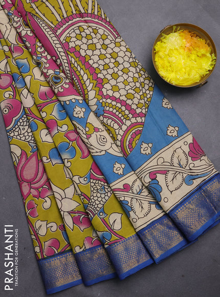 Kalamkari semi silk saree lime green and cs blue with allover prints and mangalgiri border