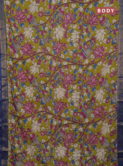 Kalamkari semi silk saree lime green and cs blue with allover prints and mangalgiri border