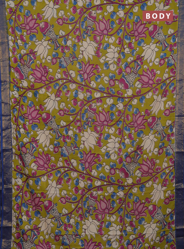Kalamkari semi silk saree lime green and cs blue with allover prints and mangalgiri border