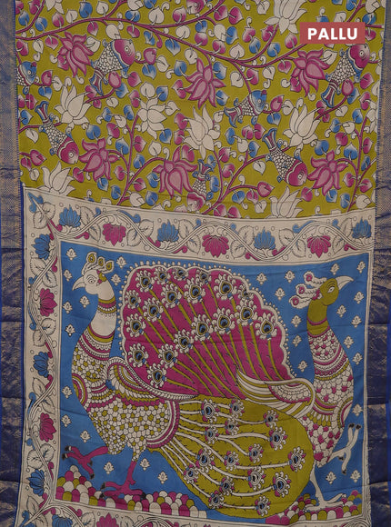 Kalamkari semi silk saree lime green and cs blue with allover prints and mangalgiri border