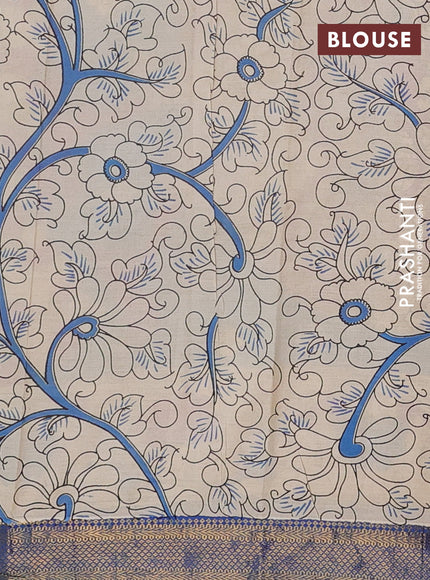 Kalamkari semi silk saree lime green and cs blue with allover prints and mangalgiri border
