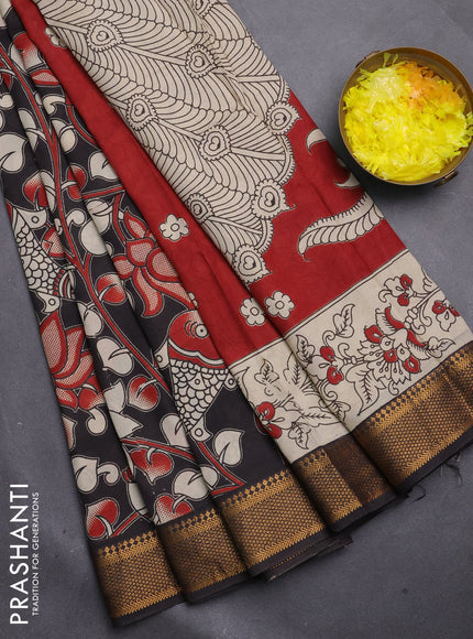 Kalamkari semi silk saree black with allover prints and mangalgiri border