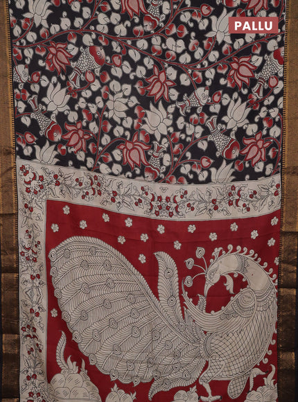 Kalamkari semi silk saree black with allover prints and mangalgiri border