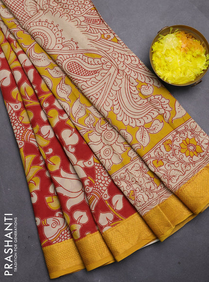 Kalamkari semi silk saree red and mustard yellow with allover prints and mangalgiri border