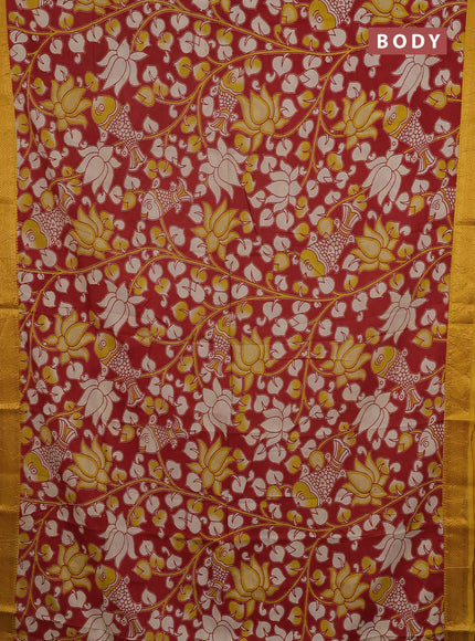 Kalamkari semi silk saree red and mustard yellow with allover prints and mangalgiri border